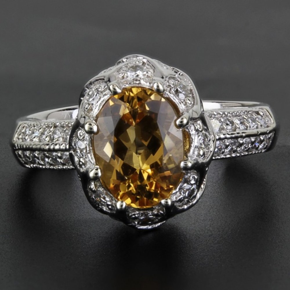 14K White Gold Citrine Pavé Diamond Anniversary Cocktail Birthstone Ring by TAL